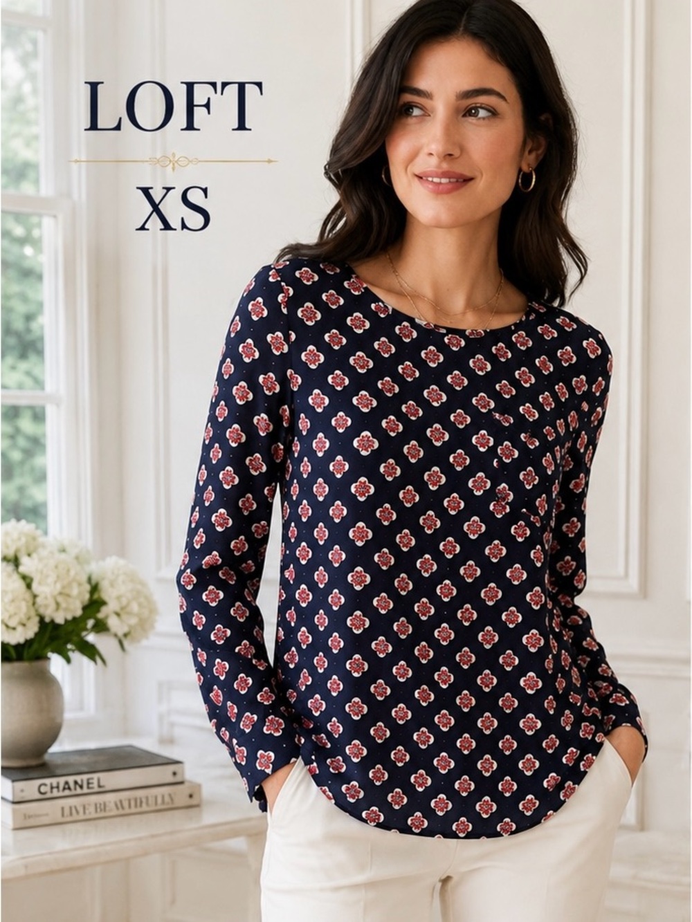 LOFT XS Navy Floral Print Long Sleeve Pocket Blouse Lightweight Top